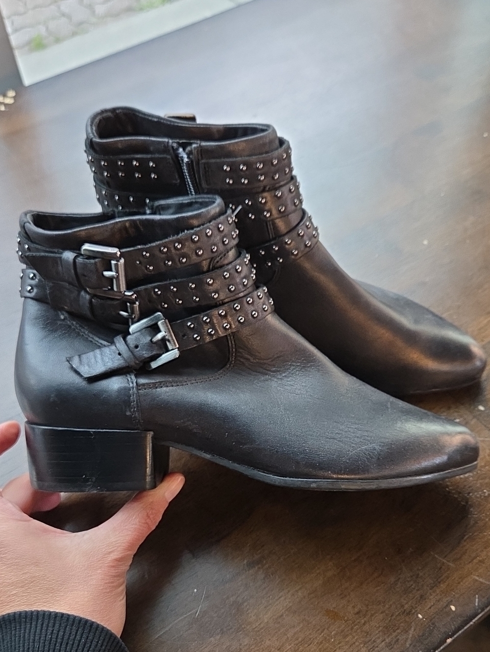 Geox Size EU 37  US 7 Women's Black Leather Studded Buckle Ankle Booties NEW